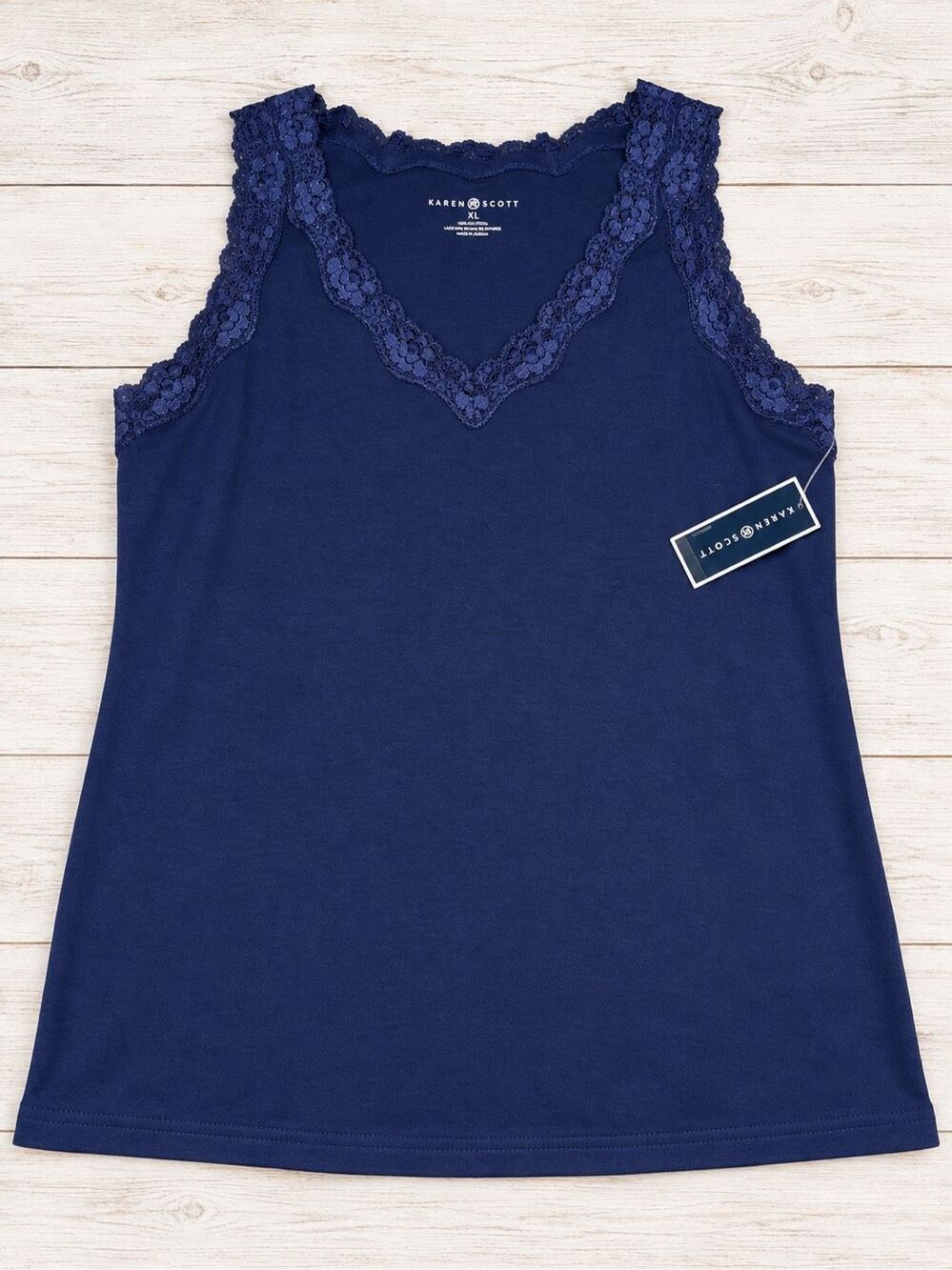 NWT Karen Scott XL Navy Blue Lace Trim Tank Top Cotton V Neck Sleeveless Shirt